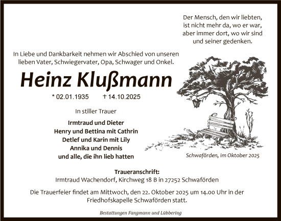 Traueranzeige von Heinz Klußmann von SYKS