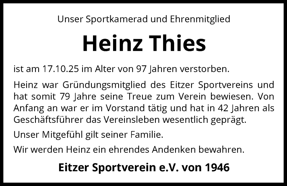  Traueranzeige für Heinz Thies vom 25.10.2025 aus SYKS
