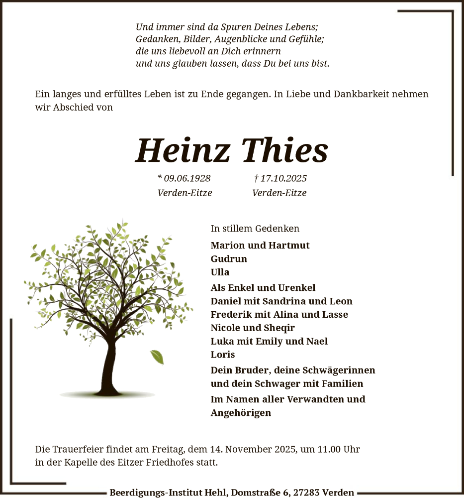  Traueranzeige für Heinz Thies vom 25.10.2025 aus SYKS