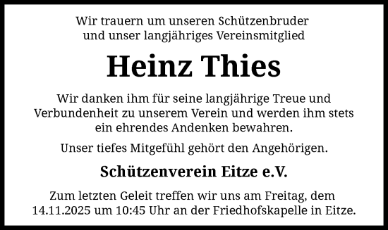Traueranzeige von Heinz Thies von SYKS