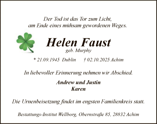 Traueranzeige von Helen Faust von SYKS