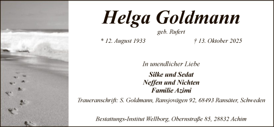 Traueranzeige von Helga Goldmann von SYKS