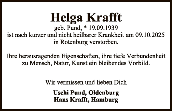 Traueranzeige von Helga Krafft von SYKR