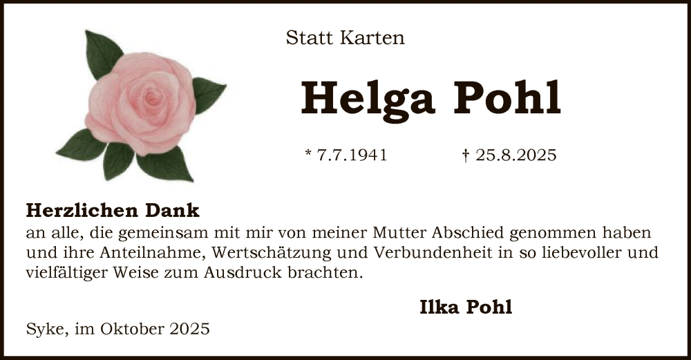  Traueranzeige für Helga Pohl vom 04.10.2025 aus SYKS