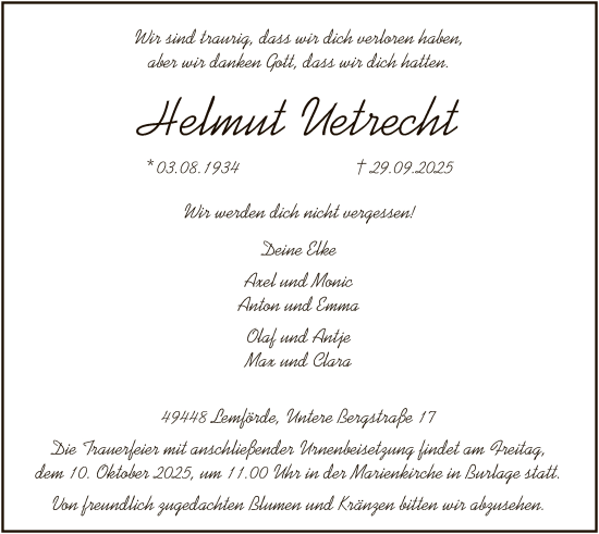 Traueranzeige von Helmut Uetrecht von SYKS