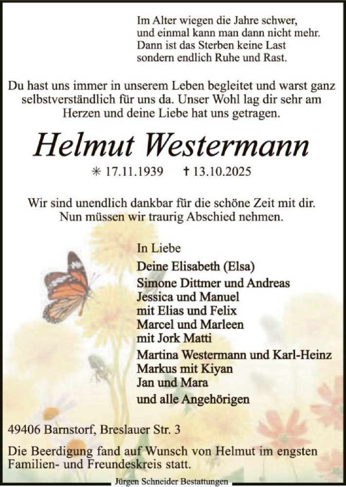  Traueranzeige für Helmut Westermann vom 25.10.2025 aus SYKS