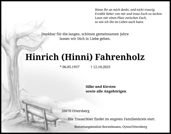 Traueranzeige von Hinrich Fahrenholz von SYKS