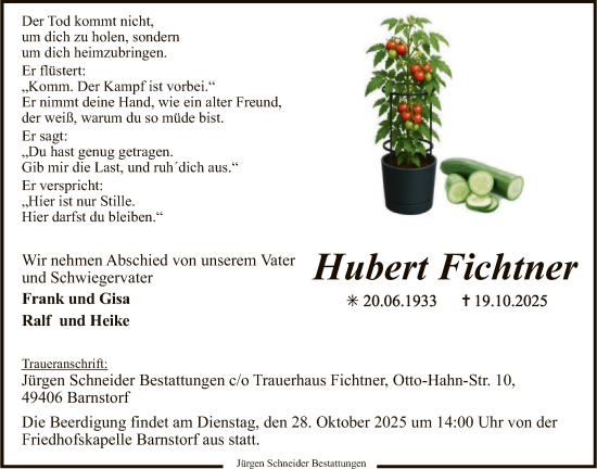 Traueranzeige von Hubert Fichtner von SYKS