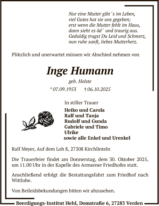 Traueranzeige von Inge Humann von SYKS
