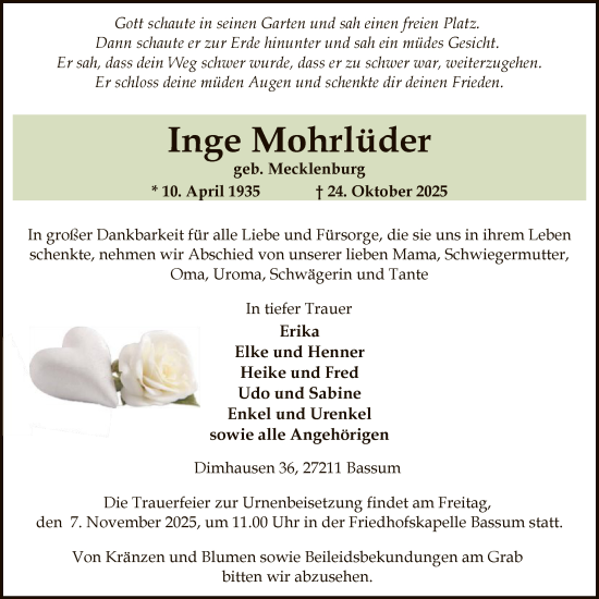 Traueranzeige von Inge Mohrlüder von SYKS