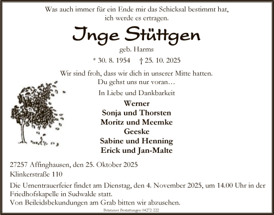 Traueranzeige von Inge Stüttgen von SYKS