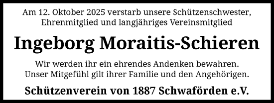 Traueranzeige von Ingeborg Moraitis-Schieren von SYKS