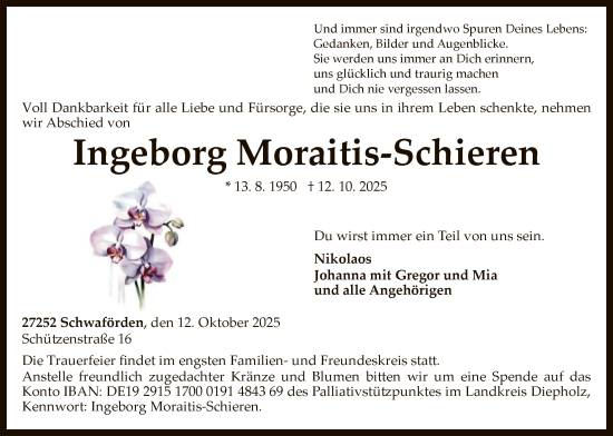 Traueranzeige von Ingeborg Moraitis-Schieren von SYKS