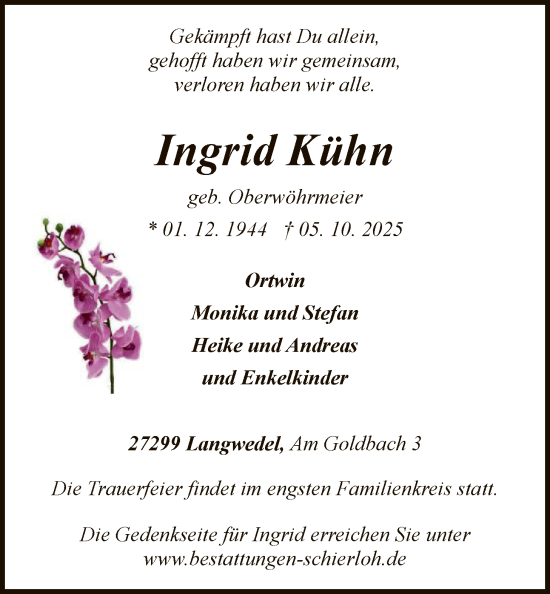 Traueranzeige von Ingrid Kühn von SYKS
