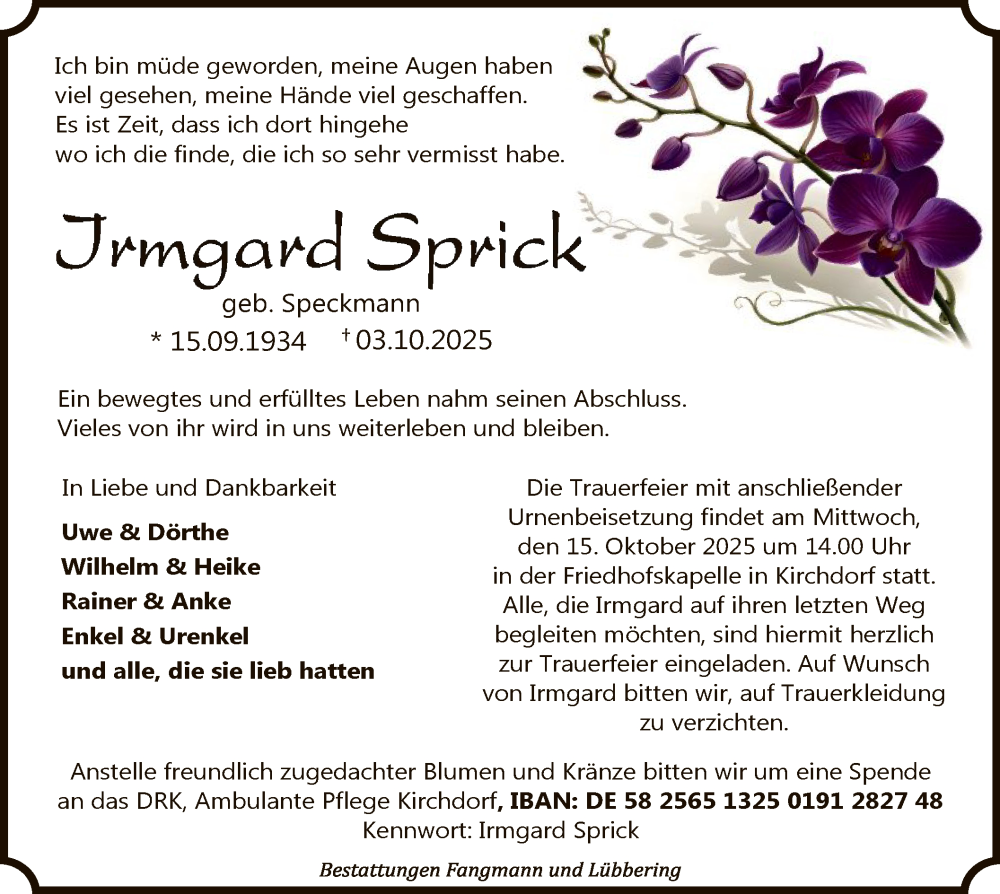  Traueranzeige für Irmgard Sprick vom 11.10.2025 aus SYKS