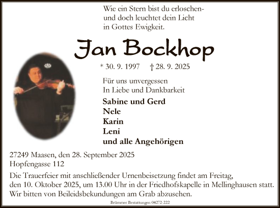 Traueranzeige von Jan Bockhop von SYKS
