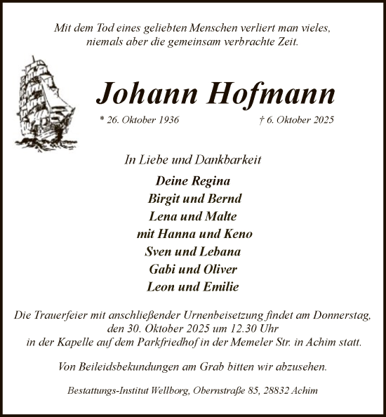 Traueranzeige von Johann Hofmann von SYKS