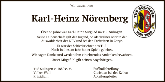 Traueranzeige von Karl-Heinz Nörenberg von SYKS