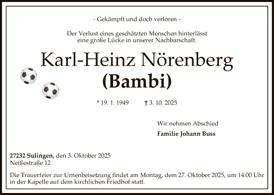 Traueranzeige von Karl-Heinz Nörenberg von SYKS