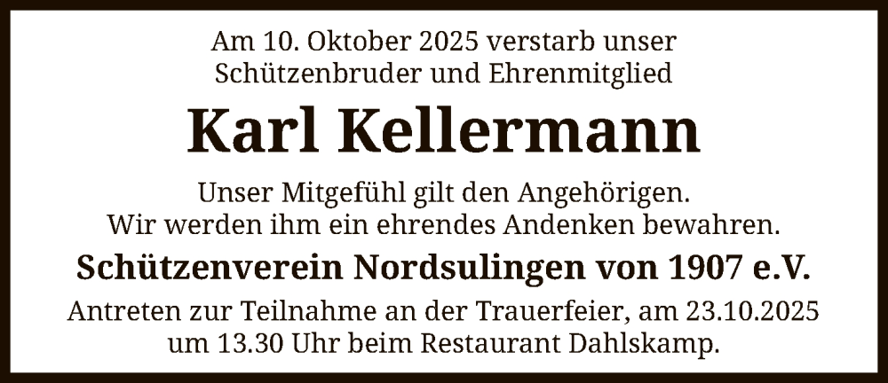  Traueranzeige für Karl Kellermann vom 21.10.2025 aus SYKS