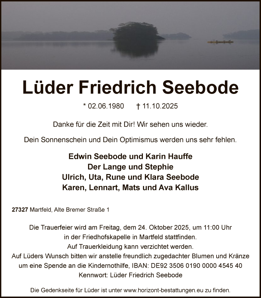  Traueranzeige für Lüder Friedrich Seebode vom 18.10.2025 aus SYKSSYKS