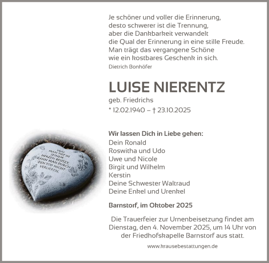 Traueranzeige von Luise Nierentz von SYKS