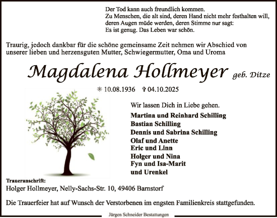 Traueranzeige von Magdalena Hollmeyer von SYKS