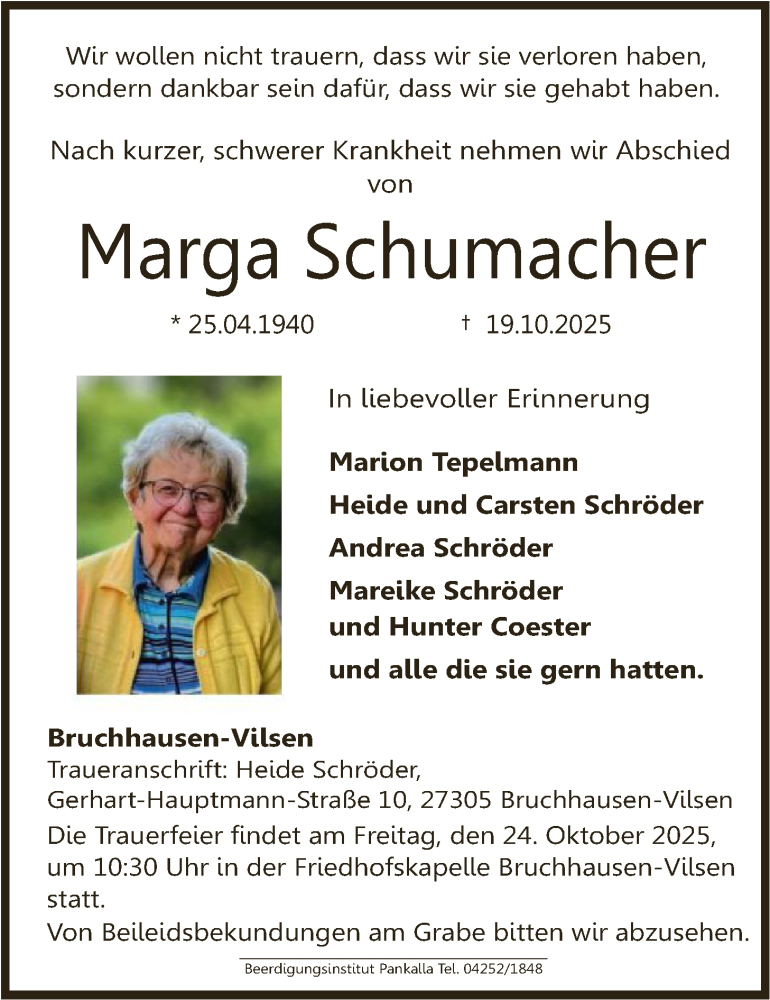  Traueranzeige für Marga Schumacher vom 21.10.2025 aus SYKS