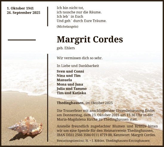 Traueranzeige von Margrit Cordes von SYKS