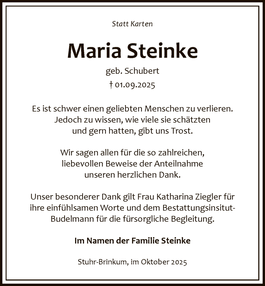  Traueranzeige für Maria Steinke vom 18.10.2025 aus SYKS