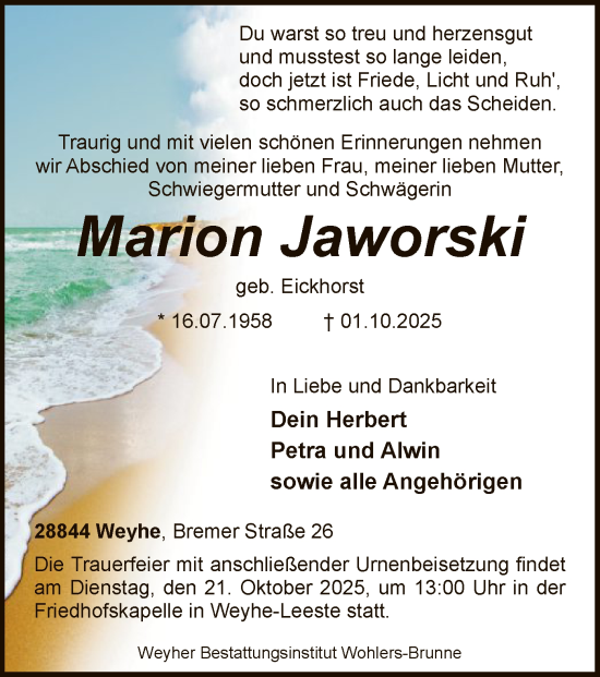 Traueranzeige von Marion Jaworski von SYKS