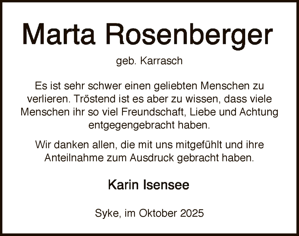  Traueranzeige für Marta Rosenberger vom 11.10.2025 aus SYKS