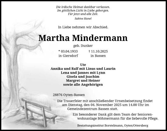 Traueranzeige von Martha Mindermann von SYKS