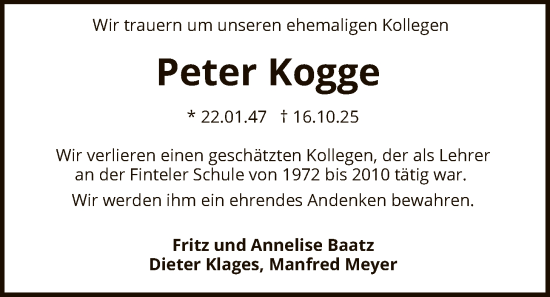 Traueranzeige von Peter Kogge von SYKR