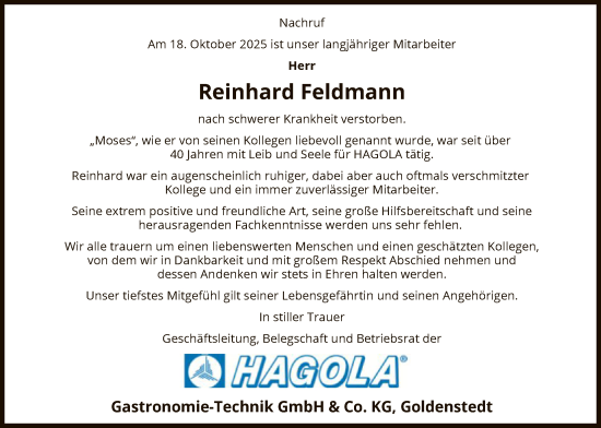 Traueranzeige von Reinhard Feldmann von SYKS