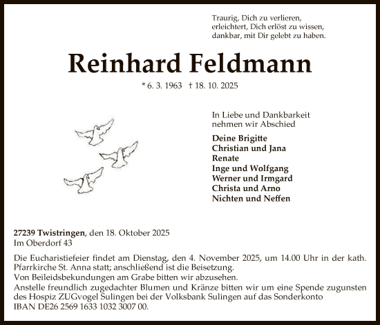 Traueranzeige von Reinhard Feldmann von SYKS