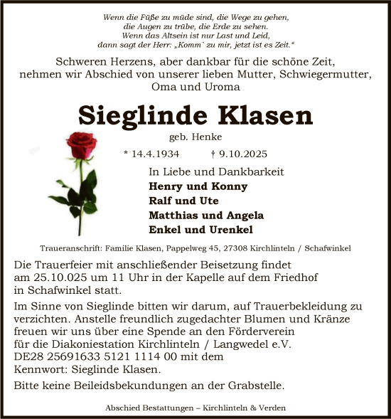 Traueranzeige von Sieglinde Klasen von SYKS