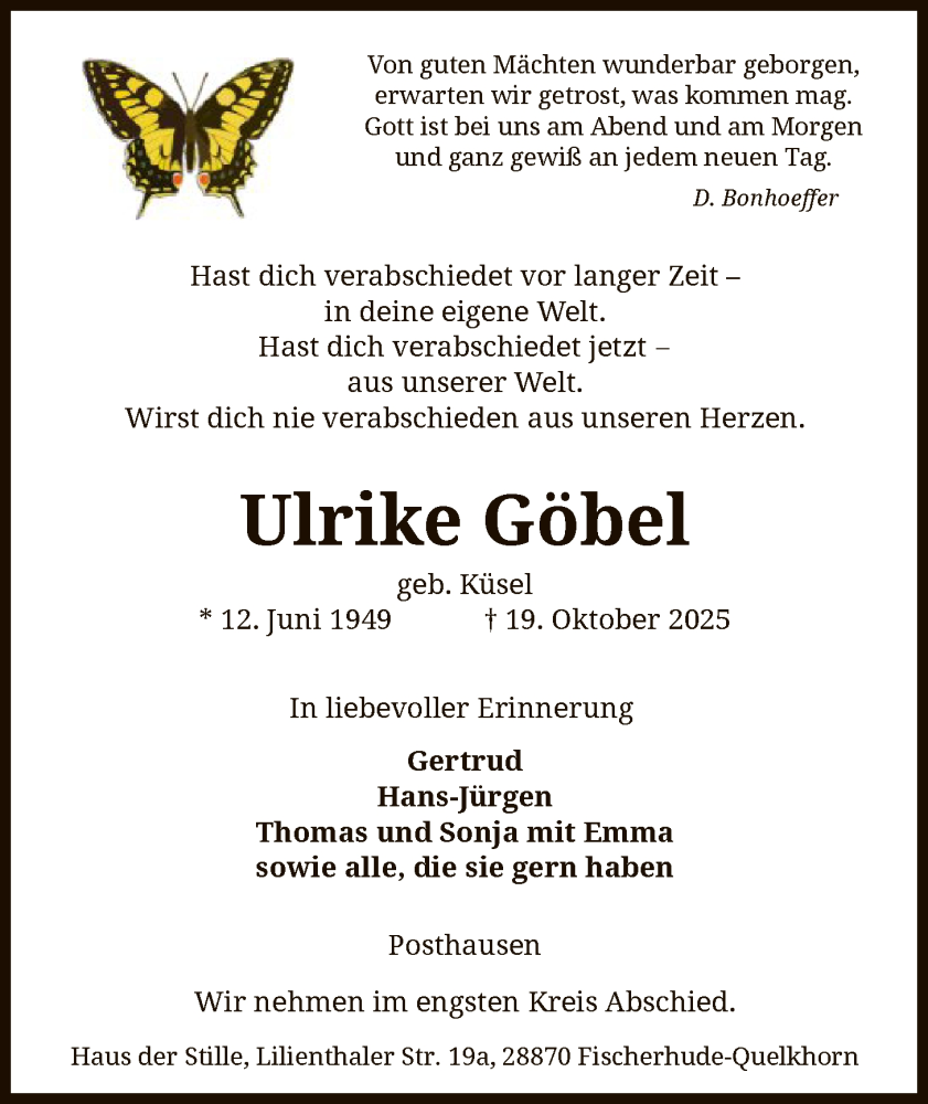  Traueranzeige für Ulrike Göbel vom 25.10.2025 aus SYKS
