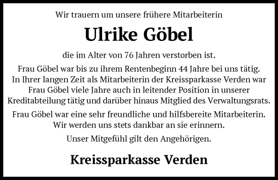 Traueranzeige von Ulrike Göbel von SYKS