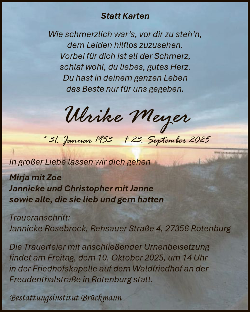  Traueranzeige für Ulrike Meyer vom 04.10.2025 aus SYKR
