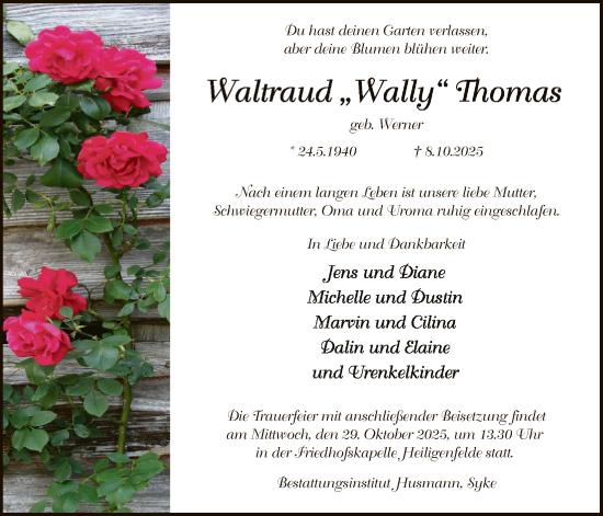 Traueranzeige von Waltraud Thomas von SYKS