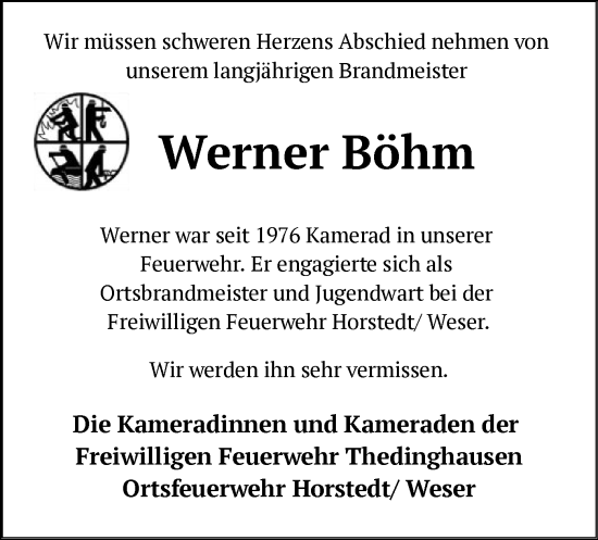 Traueranzeige von Werner Böhm von SYKS