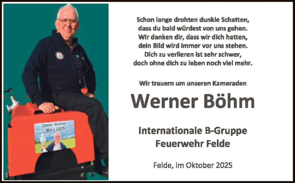  Traueranzeige für Werner Böhm vom 11.10.2025 aus SYKS