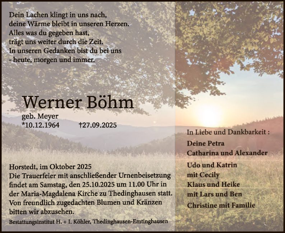  Traueranzeige für Werner Böhm vom 11.10.2025 aus SYKS