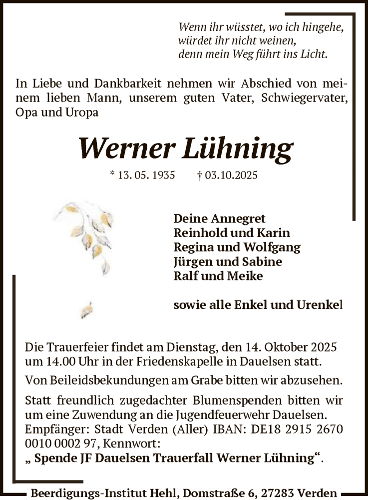  Traueranzeige für Werner Lühning vom 11.10.2025 aus SYKS