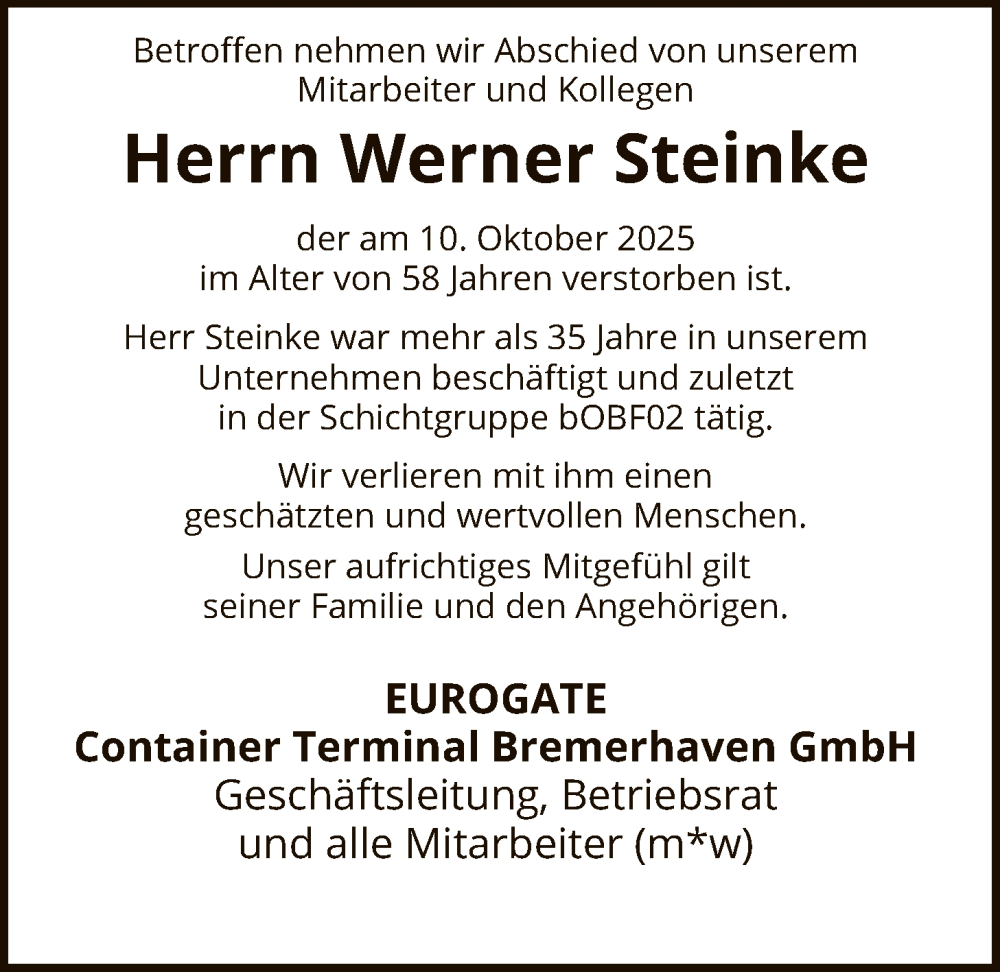  Traueranzeige für Werner Steinke vom 18.10.2025 aus SYKS