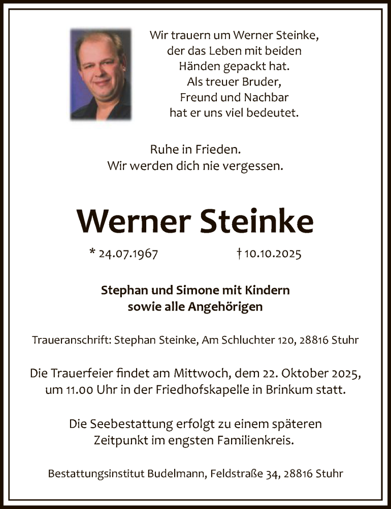  Traueranzeige für Werner Steinke vom 18.10.2025 aus SYKS