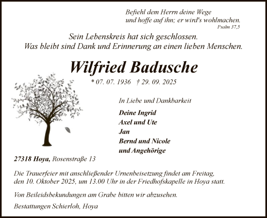 Traueranzeige von Wilfried Badusche von SYKS