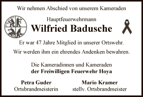 Traueranzeige von Wilfried Badusche von SYKS