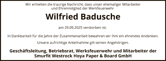 Traueranzeige von Wilfried Badusche von SYKS